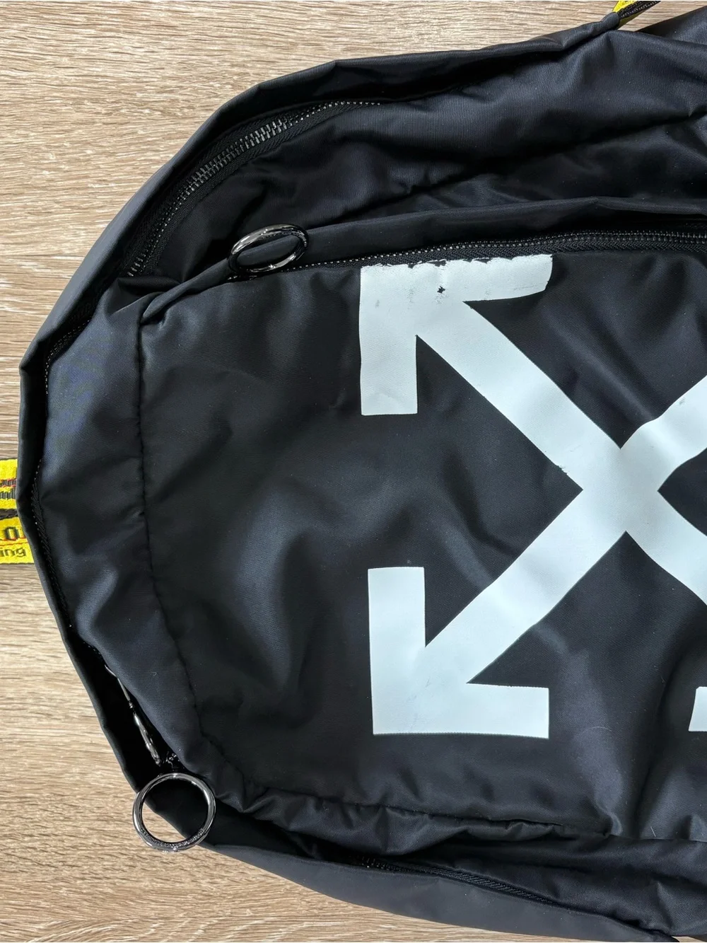 Off-White Black Backpack with White Arrow Graphic and Yellow Straps